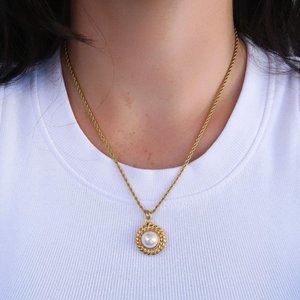 Pearl Pendant Necklace, Gold Pearl Vintage Necklace, Rope Chain Pearl Necklace